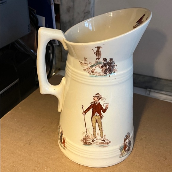 Elegant White Ceramic Pitcher with Illustrated Figures - Picture 3 of 4